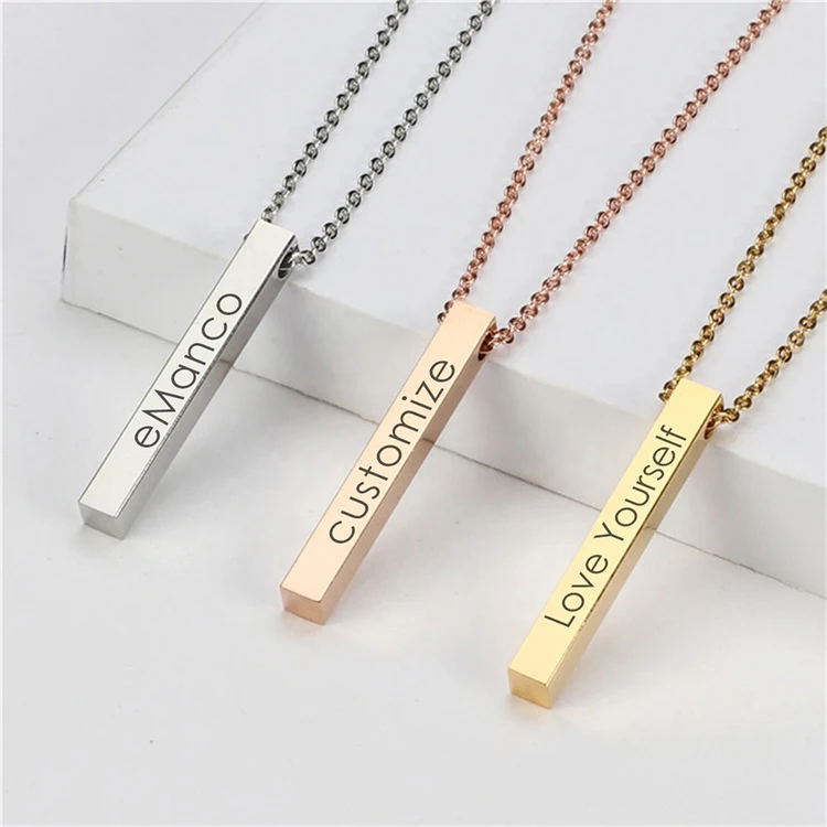 

eManco Stainless Steel Engraved Logo Square Strip 4 Sides Gold Plated Custom Nameplate Vertical Bar Necklace