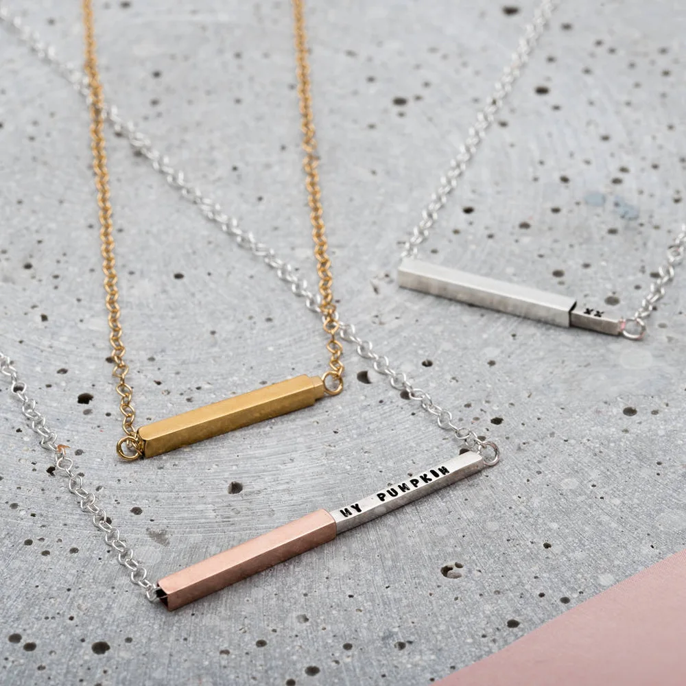 

Fashion Trendy wholesale custom logo Original stainless steel personalized secret message bar slider necklace pendant, Silver gold