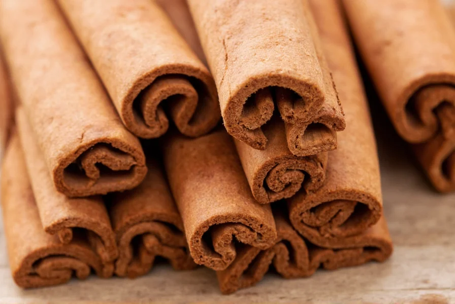 Close-up of cinnamon sticks showing their fibrous texture and layered structure