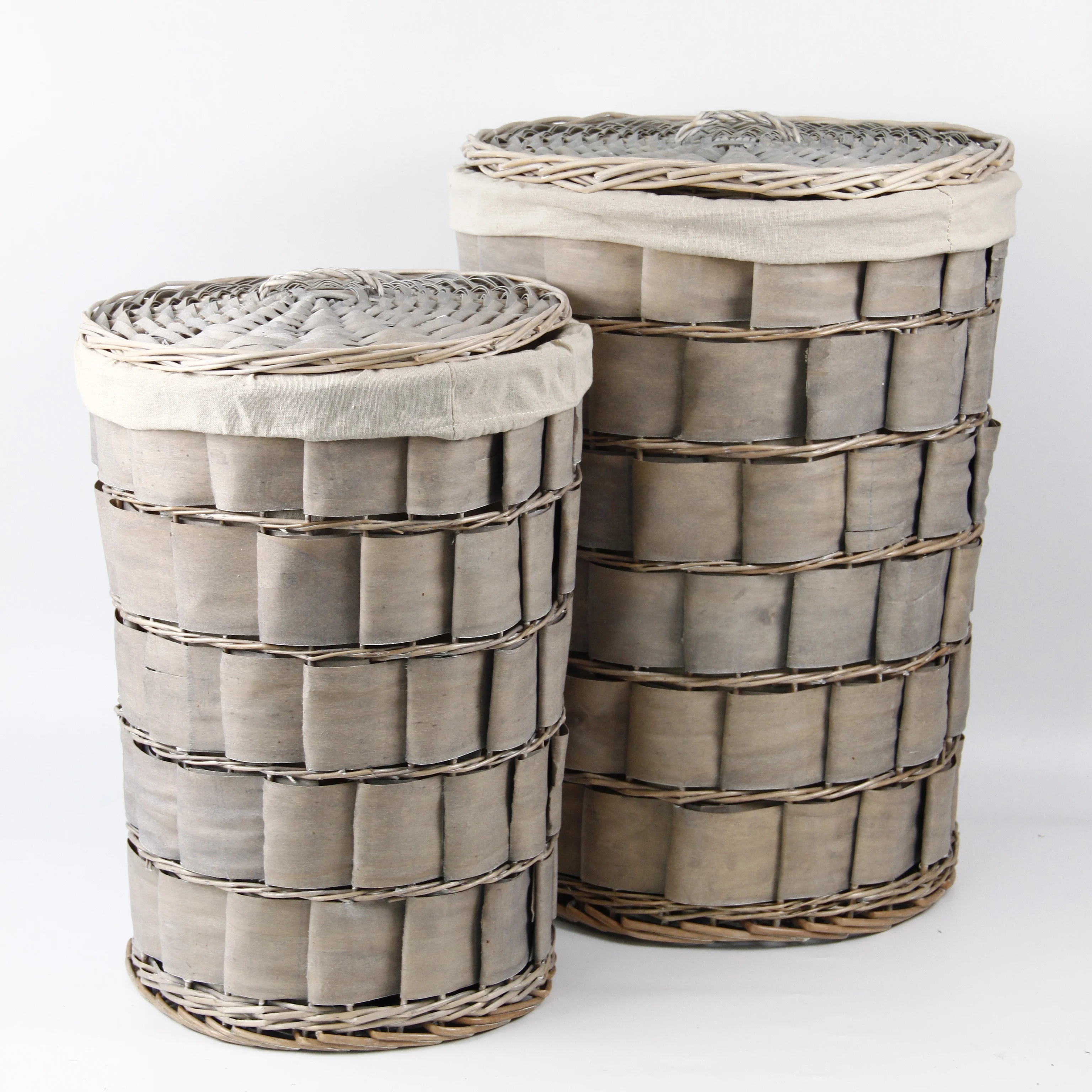 

High Quality Custom dyeing Round Wicker Poplar chips Fabric Bag Storage Laundry Baskets set 2 with linli, Customized color