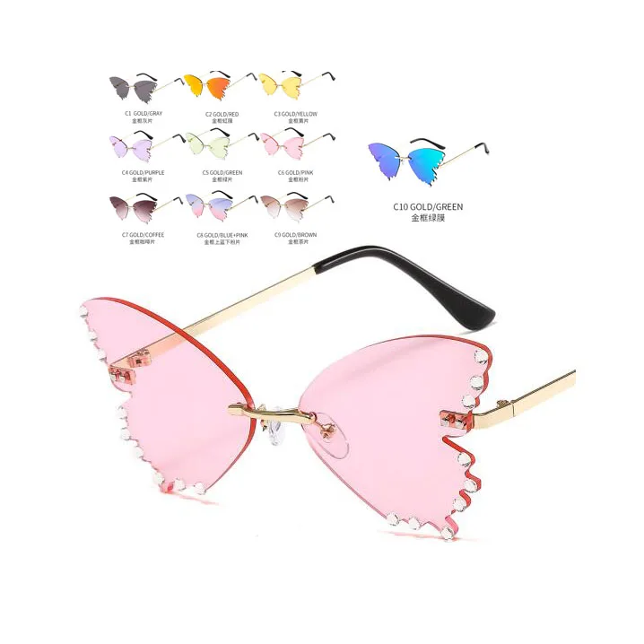 

TY0271 Trendy Driving Glasses Women Frameless Butterfly Shape Sunglasses Diamond Big Frame Shades Rhinestone Mirror Eyeglasses