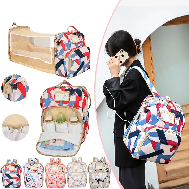 

Factory New Design Diaper Bag Backpack with Mosquito Net Foldable Baby Bed Large Capacity Mommy Bag, 5 color available