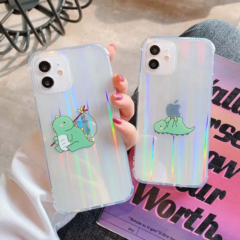 

2021 laser cute green dinosaurs transparent phone case for IPhone 12 pro