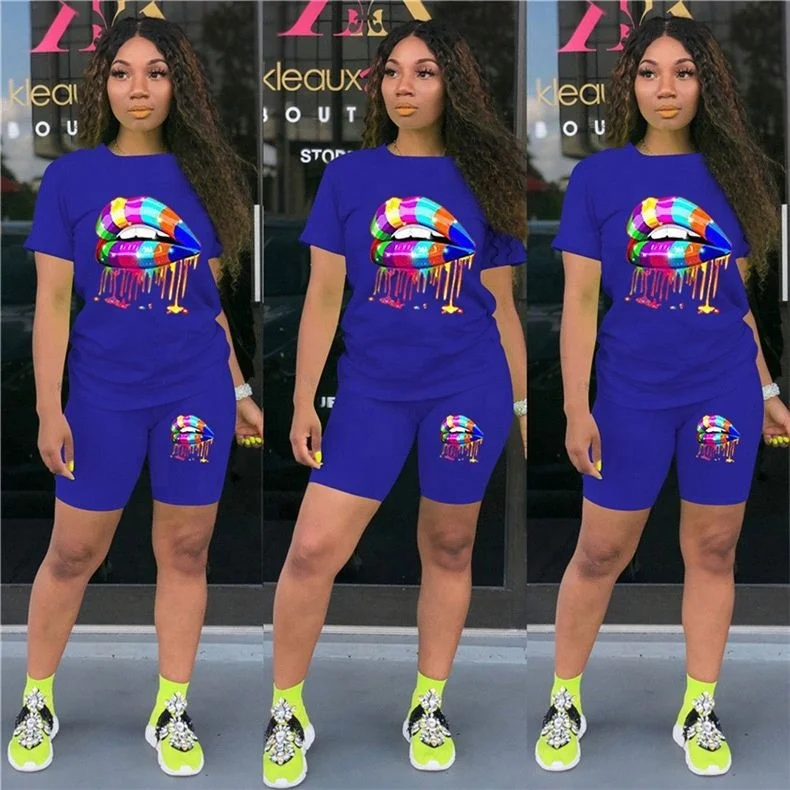 

VOOGUE Ladies Fashion Casual Contrast Color Stitching Lips Print Short Sleeve Two-piece Suit
