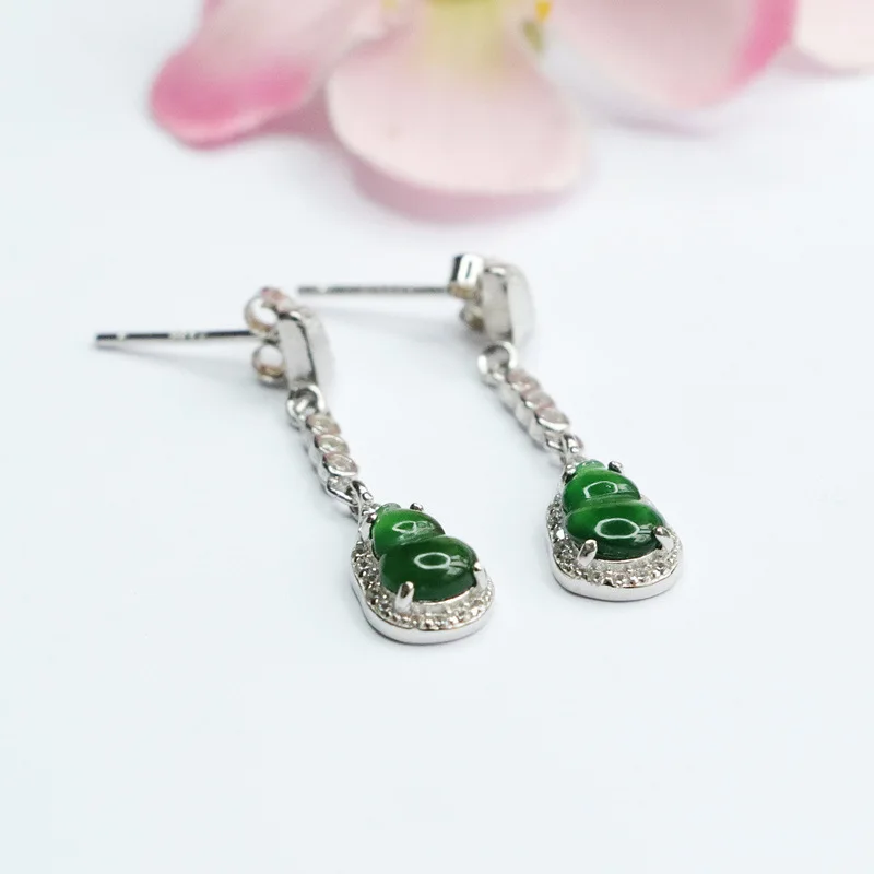 

S925 Silver Inlay Ice-Like Jade Emperor Green Gourd Ear Studs Jewelry Live Broadcast Delivery 2030101