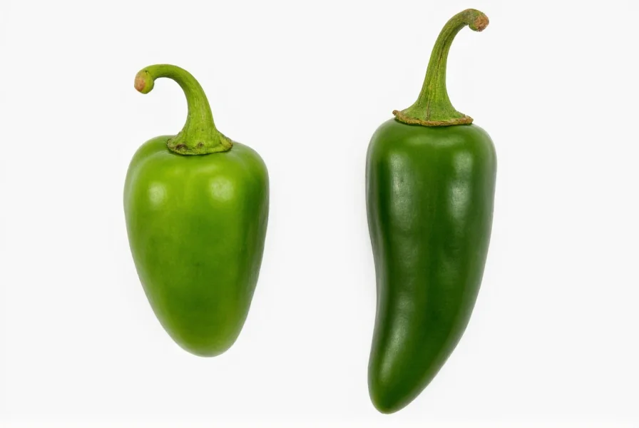Side-by-side comparison of serrano pepper and jalapeño showing size difference and color variations