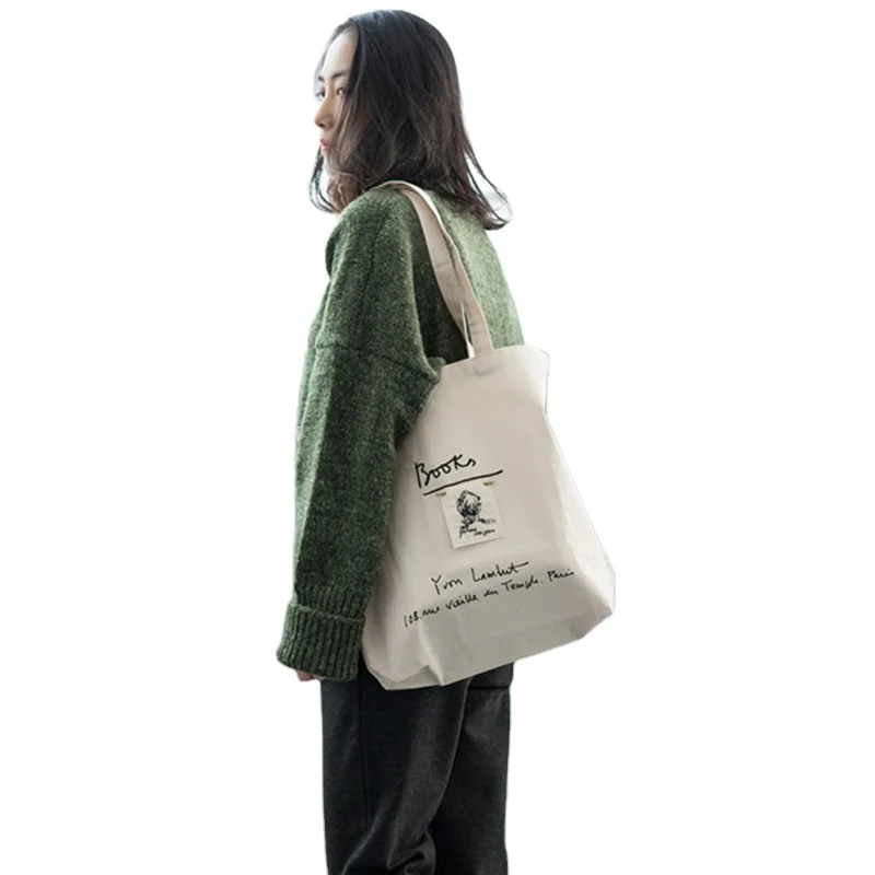 

Embroidery Girl Pattern With Handle Cotton Canvas Shopping Bag Ladies Fashion Large Shoulder Bags Best Plain Tote Bag, 2 color