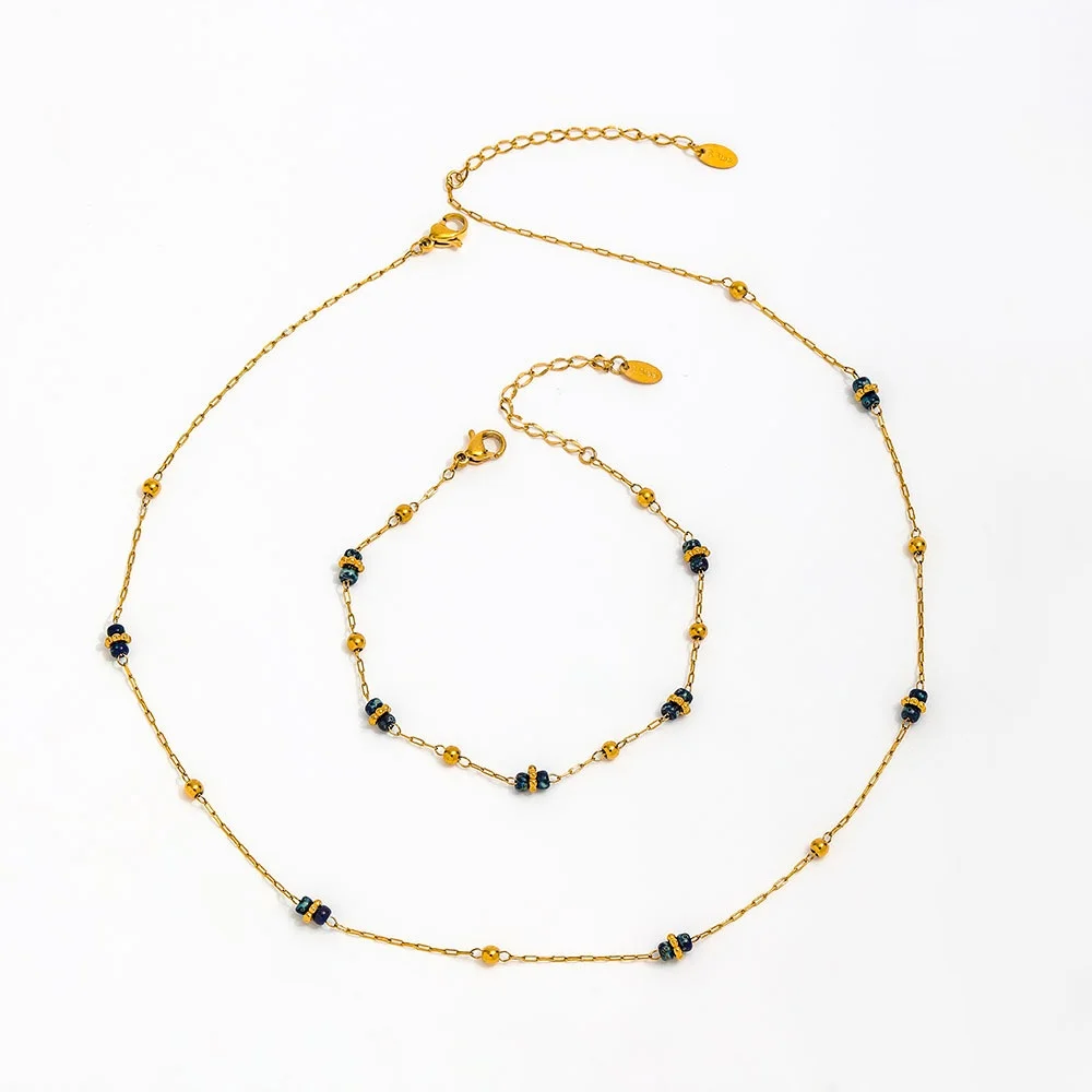 Joolim Jewelry 18K Gold Plated Blue Glass Stone Pendant Bead Choker Necklace Stainless Steel Jewelry Wholesale Bracelet Set