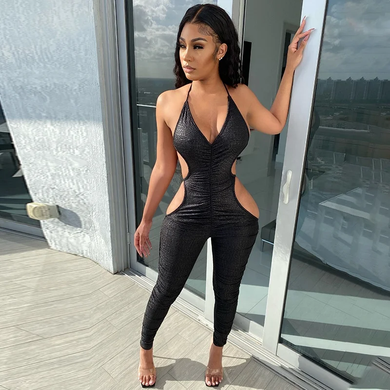 

Women Halter Pleated PU Leather One Piece Jumpsuits Women Jumpsuit, Black