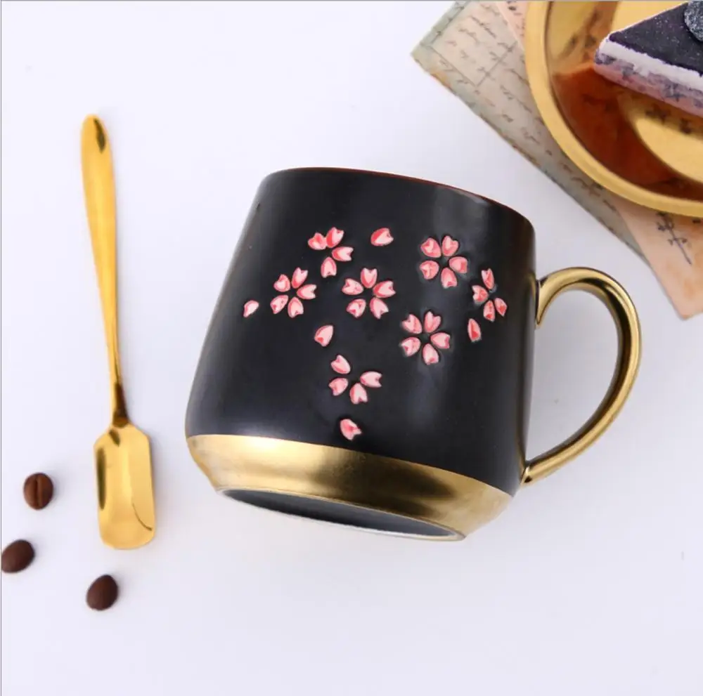 

Japanese Style Cherry Blossom Barrel Cup Black Ceramic Mug with Pink Flowers Sakura Mug, Black color with sakur mug birthday gift