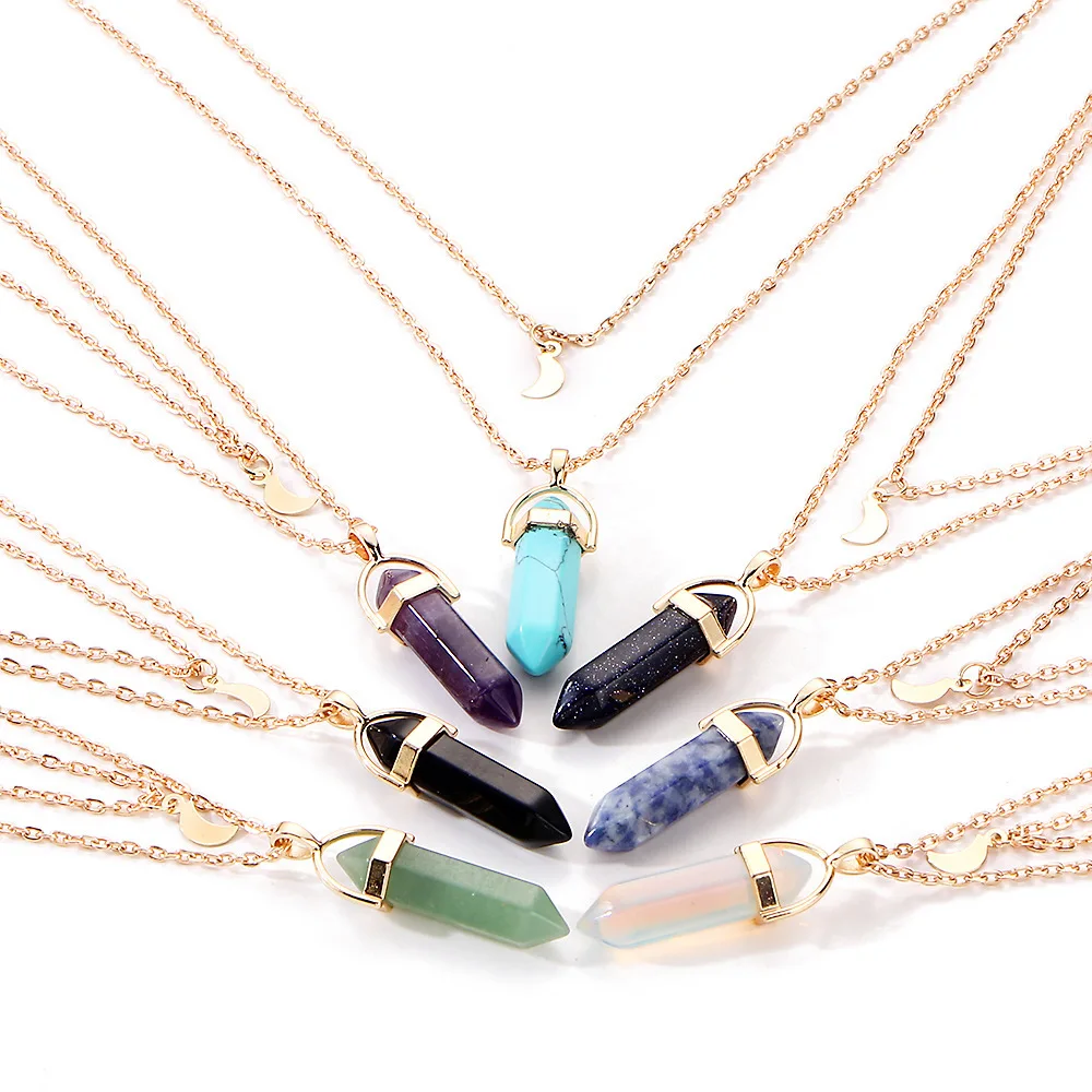 

Natural Stone Bullet Shape Crystal Necklace For Women Hexagonal Healing Point Moon Chain Pendant Jewelry Factory Wholesale