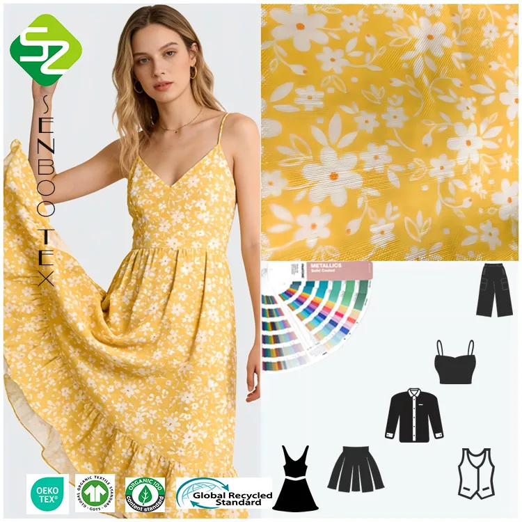 Lemon Yellow Slub Woven Floral Printed 200gsm 100% Linen Fabric for Girls & Boys T-shirts Dresses Garment