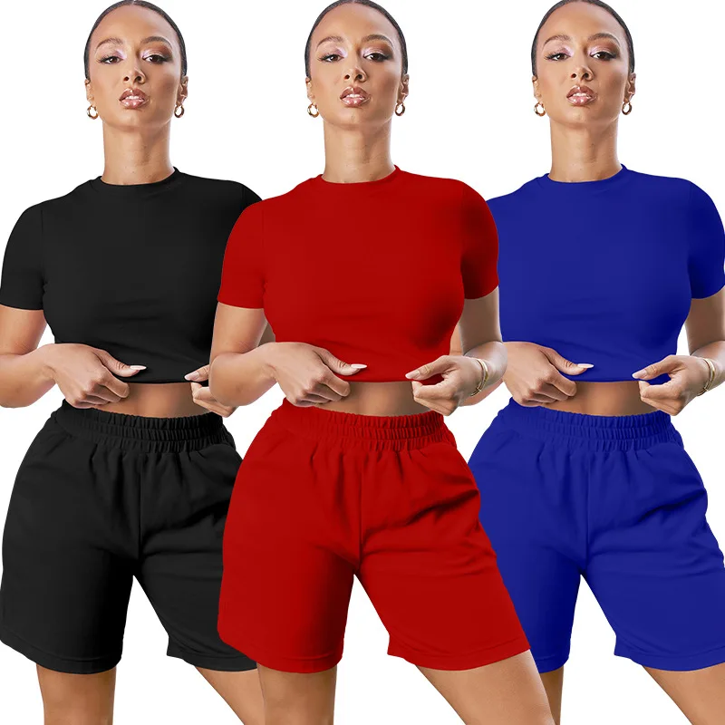 

Wangmu 2021 summer new sexy short sleeved top women's shorts all-match casual two-piece high waist shorts AM785, Red ,black, blue
