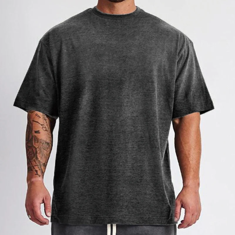 

2021 new Large size solid color blank loose fit fitness sports short sleeve breathable men's T-shirt