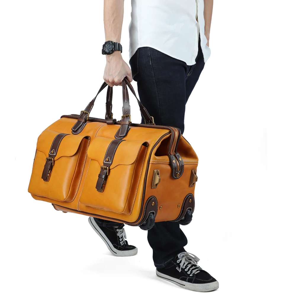 

Genuine Leather Luggage Trolley Bags Men Women Travelling Bags Suitcase Trolley Duffel Bag Travel With Wheel 24 inch, Yellow-brown
