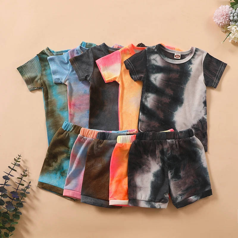 

Summer Baby Cotton Clothing Sets tie dye Knitted Pits Short Sleeve Top + Short Pants 2pcs/set Outfits Boutique Kids Clothes M385