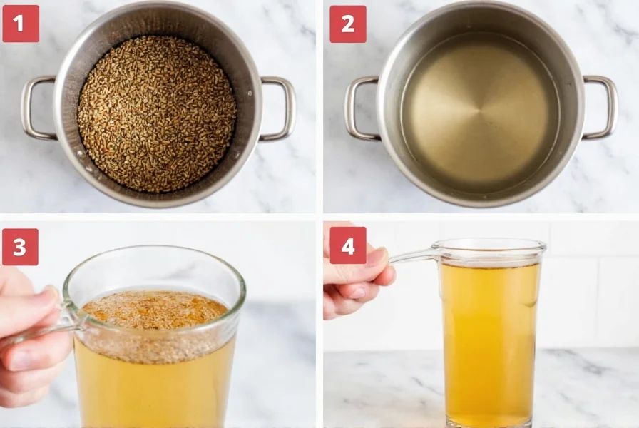 Step-by-step preparation of cumin water showing seeds, boiling water, steeping process, and final strained beverage