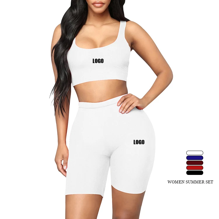 

Custom Logo 2021 Tight 5 Color Plain Color Hot Shorts And Sleeveless Crop Top Summer Two Piece Set Women Clothing, As show