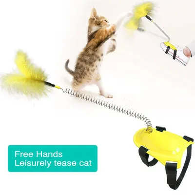 

hot selling tied to the foot teasing toy for cat popular stick feather cat toy spring funny cat interactive toys, Blue, green, red