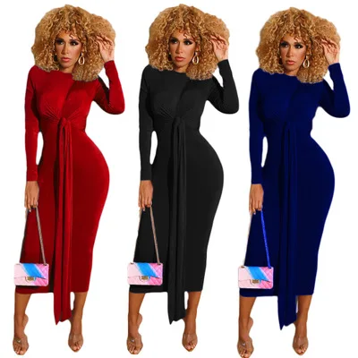 

2019 Autumn Solid Color Long Sleeve Belt Long Casual Dress Fall Women Clothing