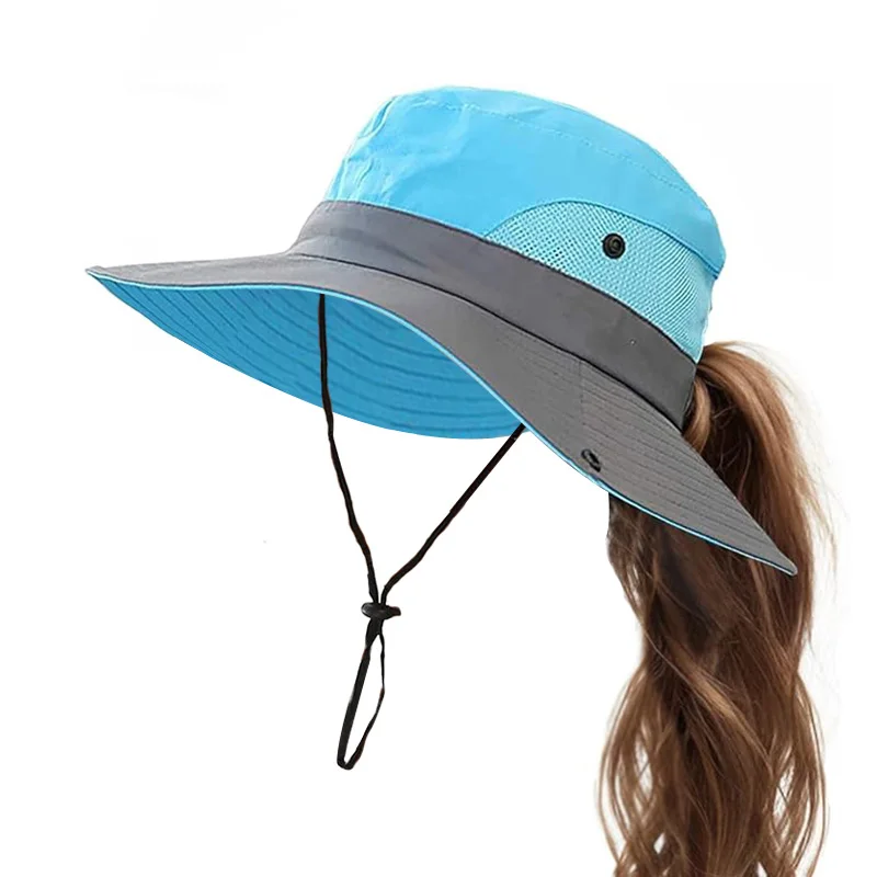 

Wholesale Summer Sun Hat Wide Brim Outdoor UV Protection Hat Foldable Beach Fishing Hiking Ponytail Bucket Hat Cap For Women Men