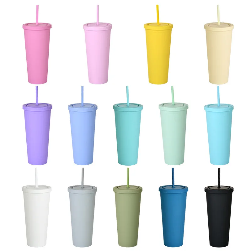 

High Quality 22oz /650ml Reusable Double Layer Solid Skinny Sublimation Mugs Plastic Tumblers Cups With Lid And Straw, Customized color