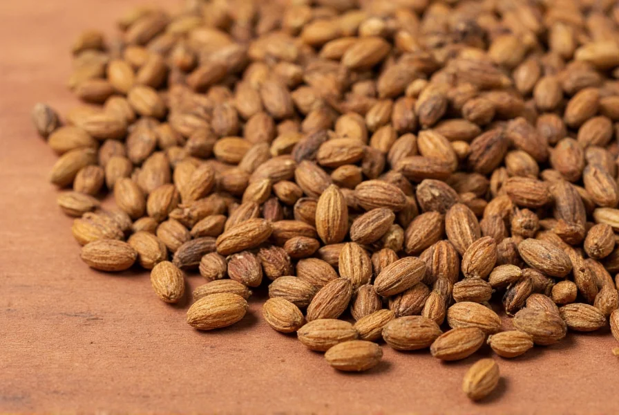 Close-up photograph of cumin seeds showing their distinctive ridged texture and warm brown color against a wooden background