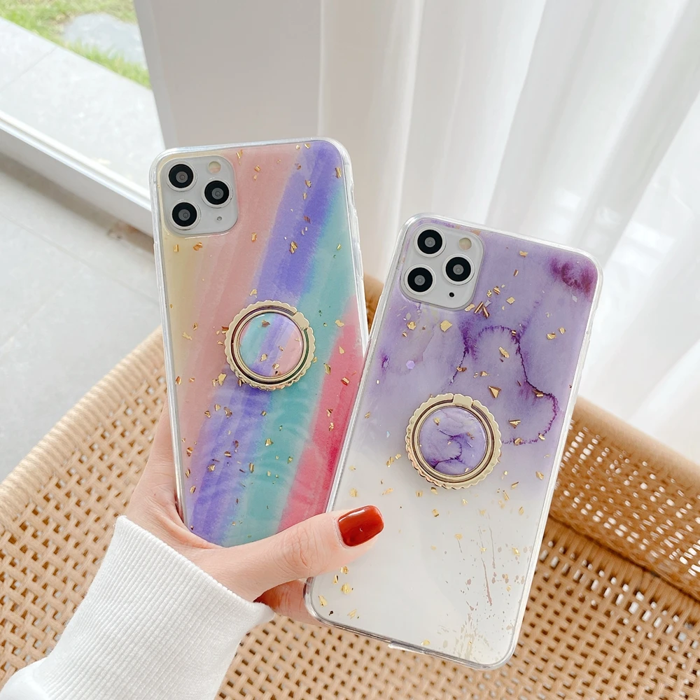 

Creative Rainbow Epoxy Shockproof Phone Back Cover with Ring Holder For iPhone 12 11 Pro Max 12mini Gold Foil Cell Phone Case