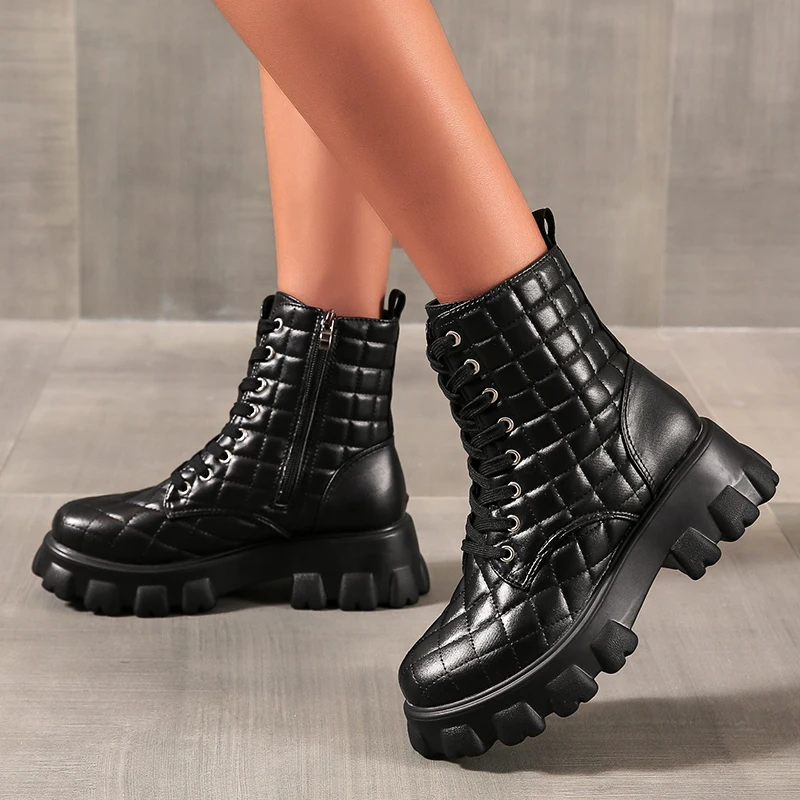 

Autumn new style platform plaid women's Roman shoes leather boots, Black,white,brown