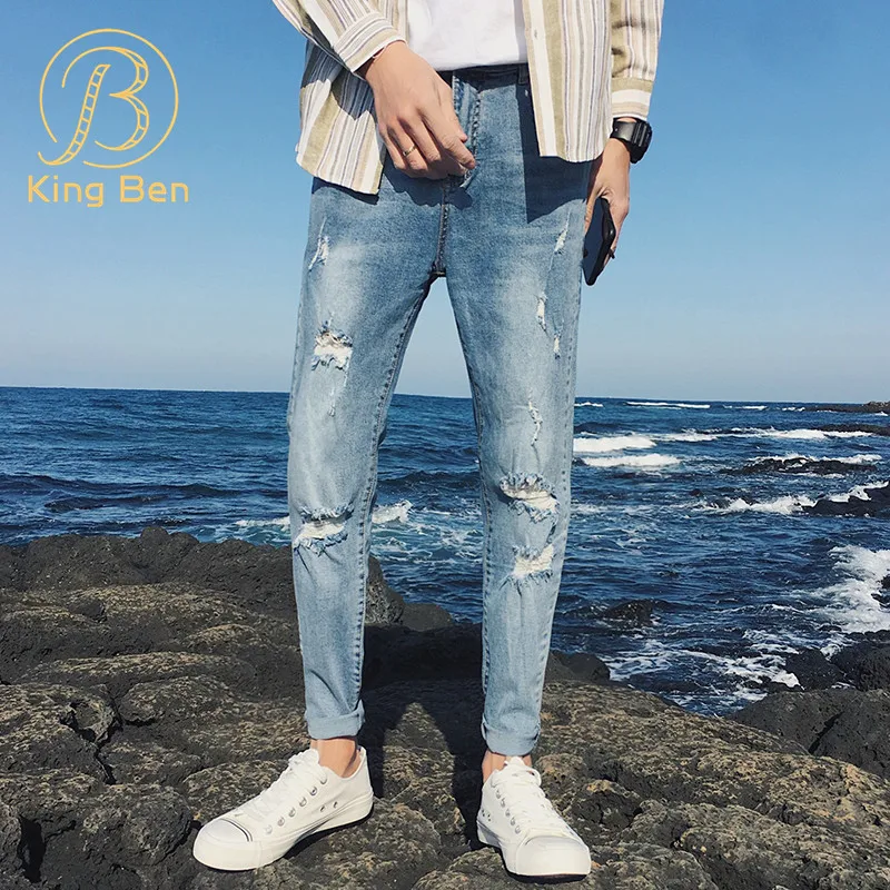 

Mens ripped blue Jeans Denim high quality ankle length damage jeans for men 2019
