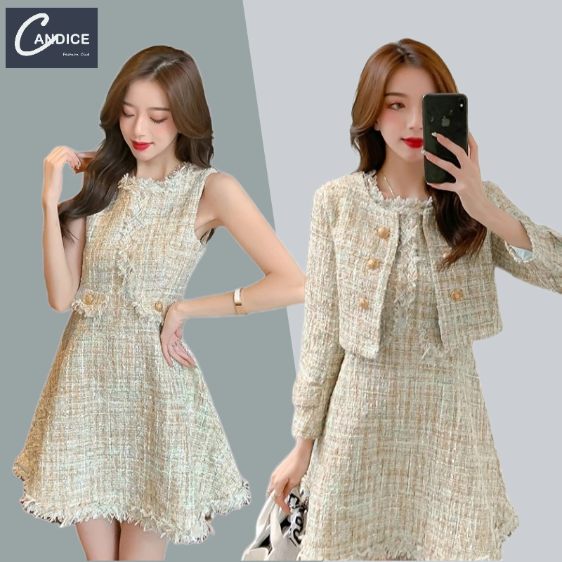 

Candice elegant france style autumn winter waist thinner skirt two piece suit tweed korean fashion women dress and coat set