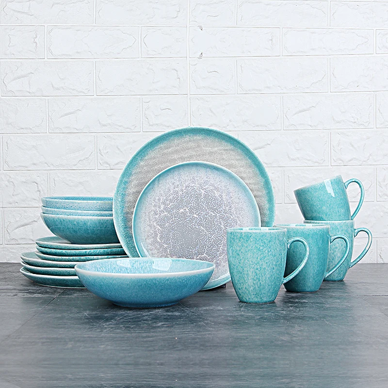 

16 pieces High Quality Tableware Restaurant Porcelain Dish Custom Logo Cyan Shiny Round Ceramic Plates Set Dinnerware