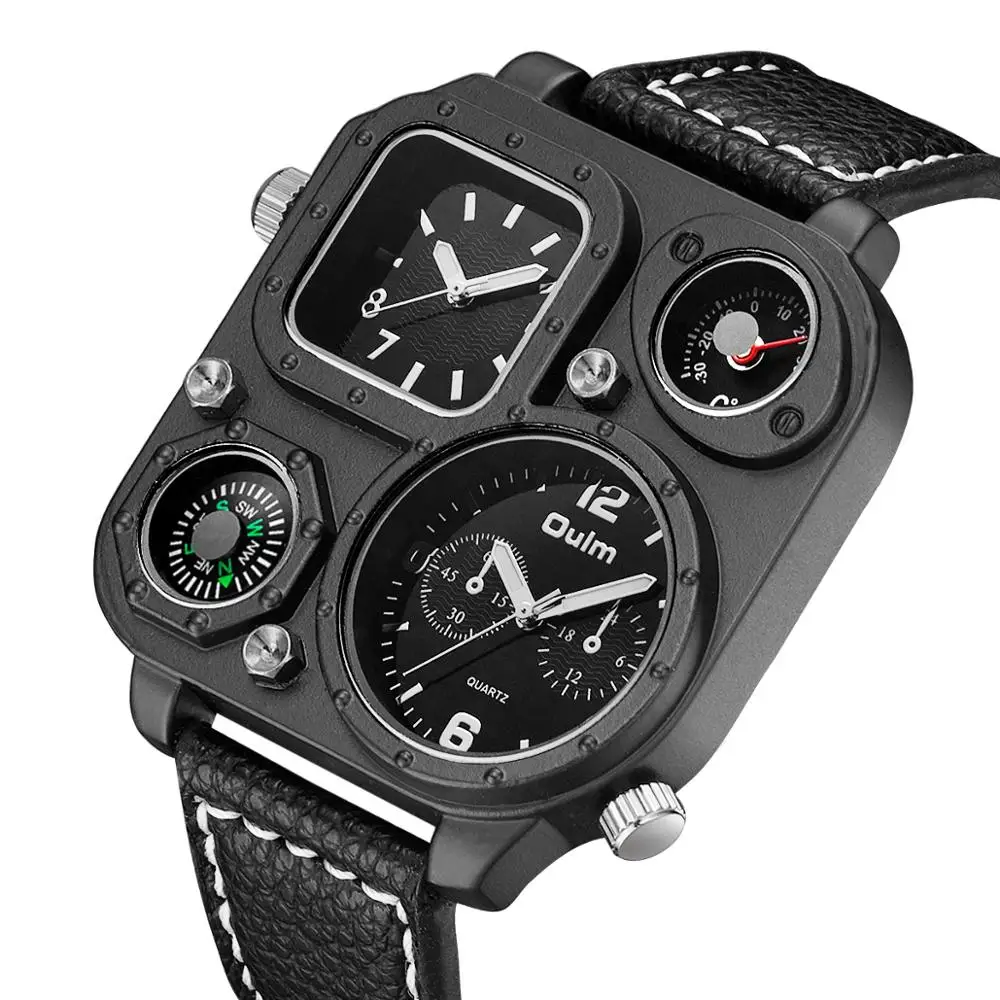 

OULM 1169 fashion black gents quartz watch stylish PU leather band thermometer 2 time zone compass business watch design