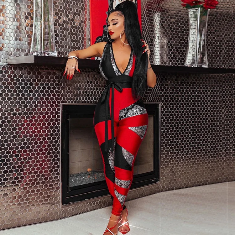 

2021 New Arrivals Contrast Color Sexy Club Wear One Piece Jumpsuit Skinny Fashion Boutique Halter Jumpsuits Women, Red,fluorescent green,rose red,blue