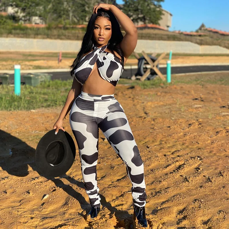 

M6845 - Sexy Bandage Hollow Out Printed Sleeveless Backless Women Two Piece Set