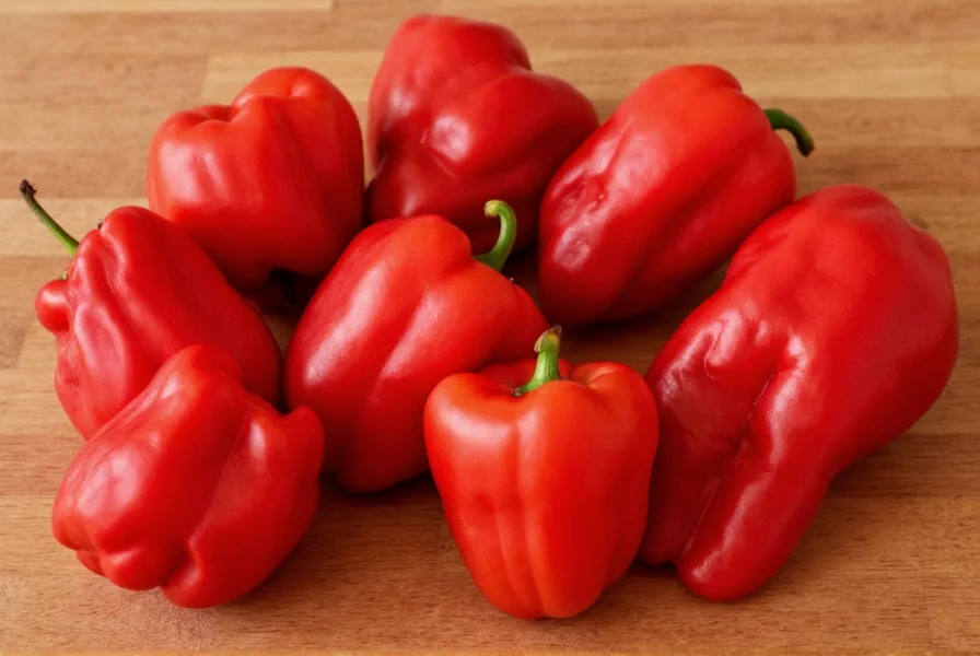 Ripe red Boulder peppers arranged on a wooden table showing their blocky shape and thick walls