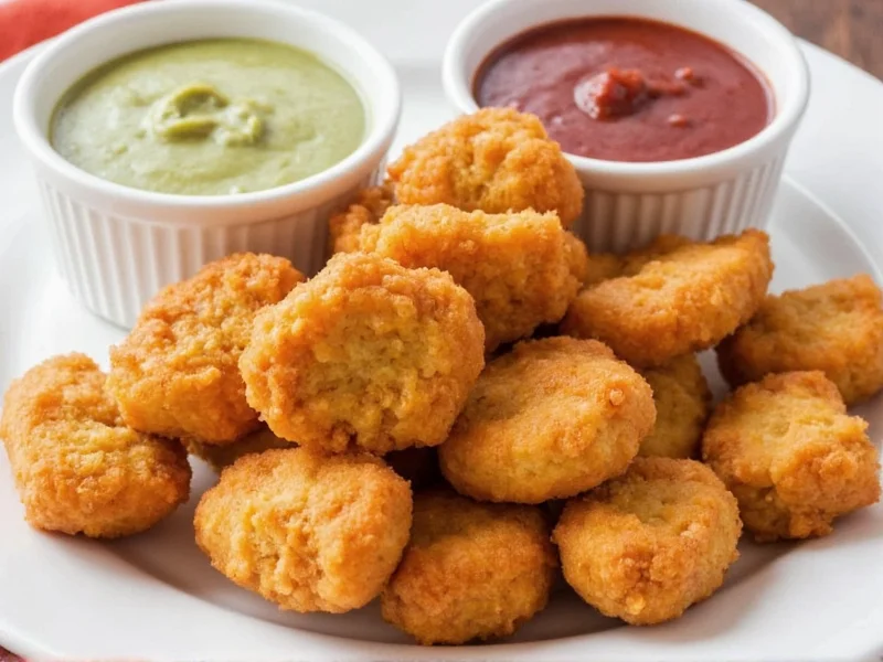 Homemade chicken nuggets with colorful dipping sauces