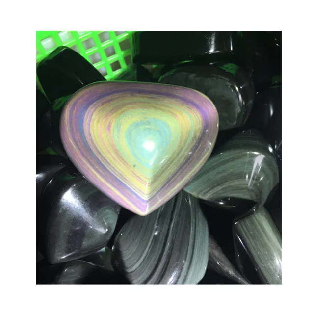 

Wholesale Natural hand carved crystal mineral silver rainbow obsidian heart for gift