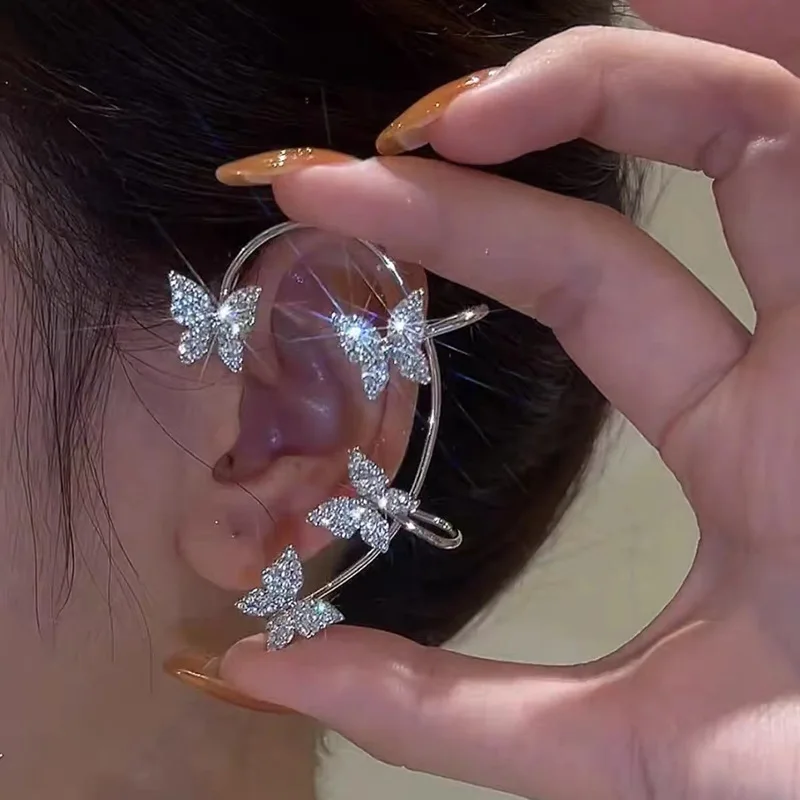 VKME Gold Silver Crystal Butterfly Ear Clip for Women Sweet Shining Zircon Inlaid Rhinestone French Style Earring Ear Cuff