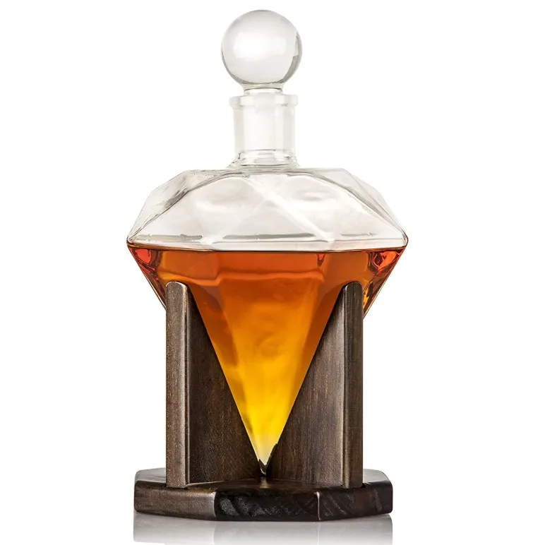 

Hand Blown Lead Free Glass Designer Decanters with Custom Wood Stand & Airtight Stopper Diamond Whiskey Decanter, Clear