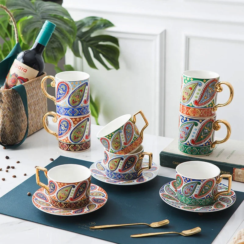 

Vintage style painted gold handle cup unique pattern Moroccan Coffee Mug