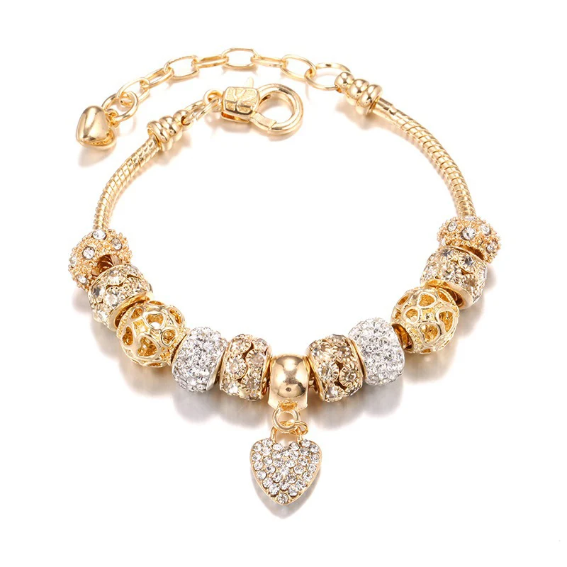 

2021 Sailing Jewelry DIY Charm Bracelet Golden Charm Bracelet European Crystal Rhinestone Heart Charm Bracelet