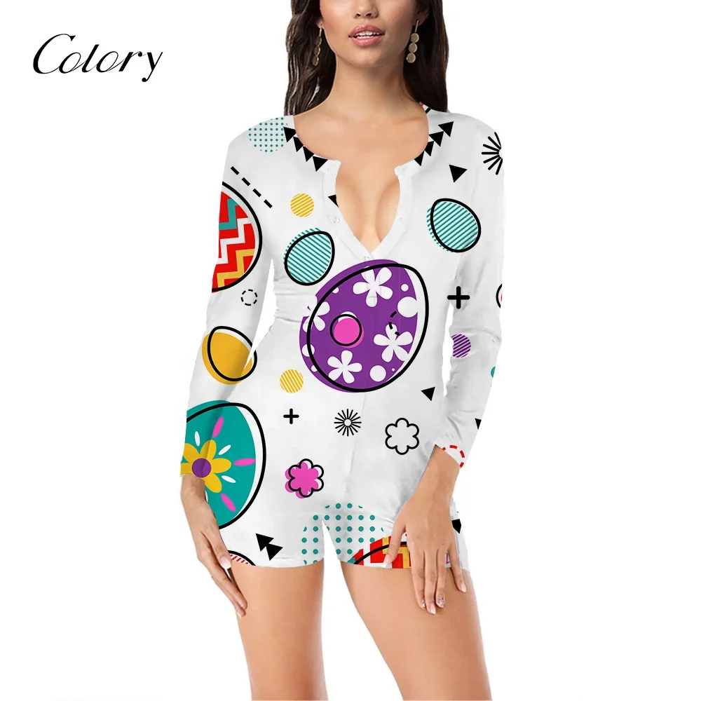

Colory New Arrival Wholesale Short Sleeve Women Onesie Pajamas With Butt Flap Sexy V Neck Easter Onesie For Women, Customized color