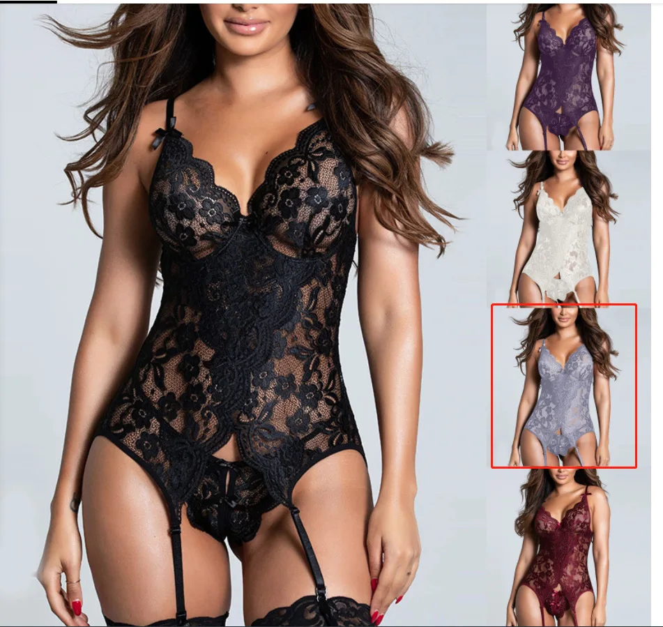 

sfy1481 high quality ladies v neck garter France style women's jumpsuit with thong hot perspective backless seductive lingerie