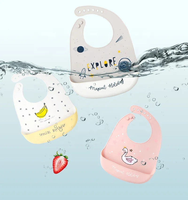 

custom logo printed soft adjustable food grade bpa free Silicone Baby Bibs waterproof with food catcher for babies, Customized color supported