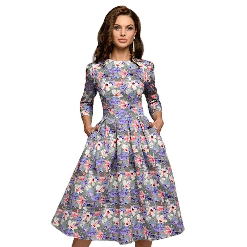 

2020 European And American Autumn And Winter Round Neck Purple Party Evening Dress Women Lady Elegant Casual Dresses, Shown
