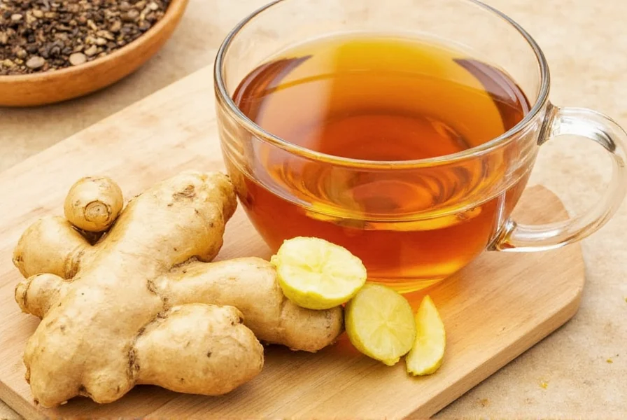Close-up of fresh ginger root pieces in tea blend showing visible fibers and texture