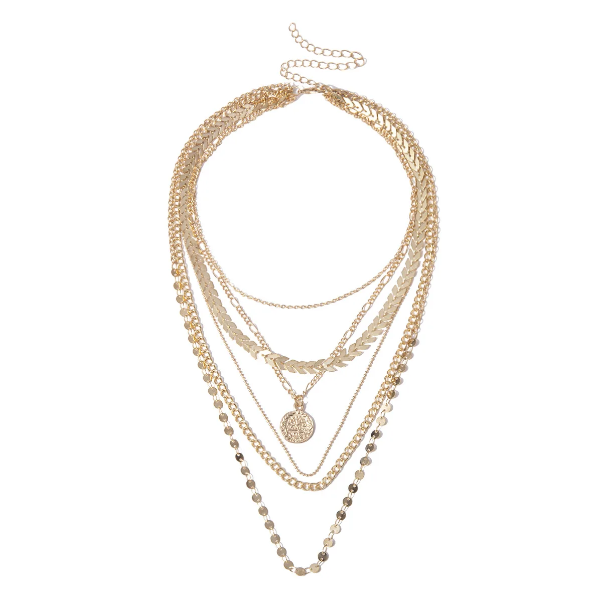 

sequin arrow beaded multi layer retro gold coin leaf aircraft shape chain geometric necklace, Picture