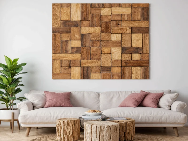 Geometric wall art made from reclaimed wood pieces
