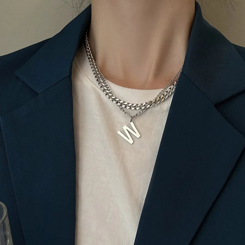 

Fashion letter W female titanium steel double layered sweater chain simple hip hop cuban link chain, Silver